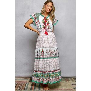 POL Hand Block Printed Cotton Tiered Midi Dress Flutter Sleeve Floral Large